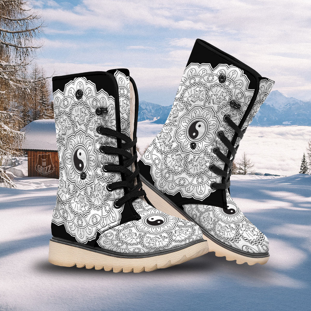 Yin Yang Mandala White And Black Print Snow Boots-grizzshop