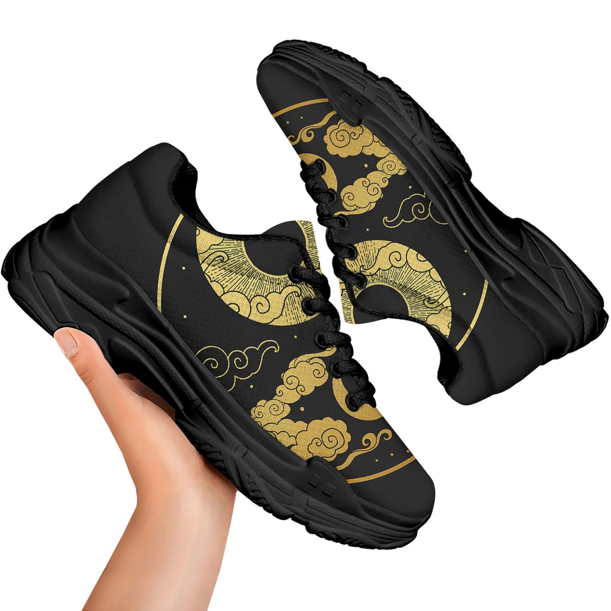 Yin Yang Moon And Sun Print Black Chunky Shoes-grizzshop