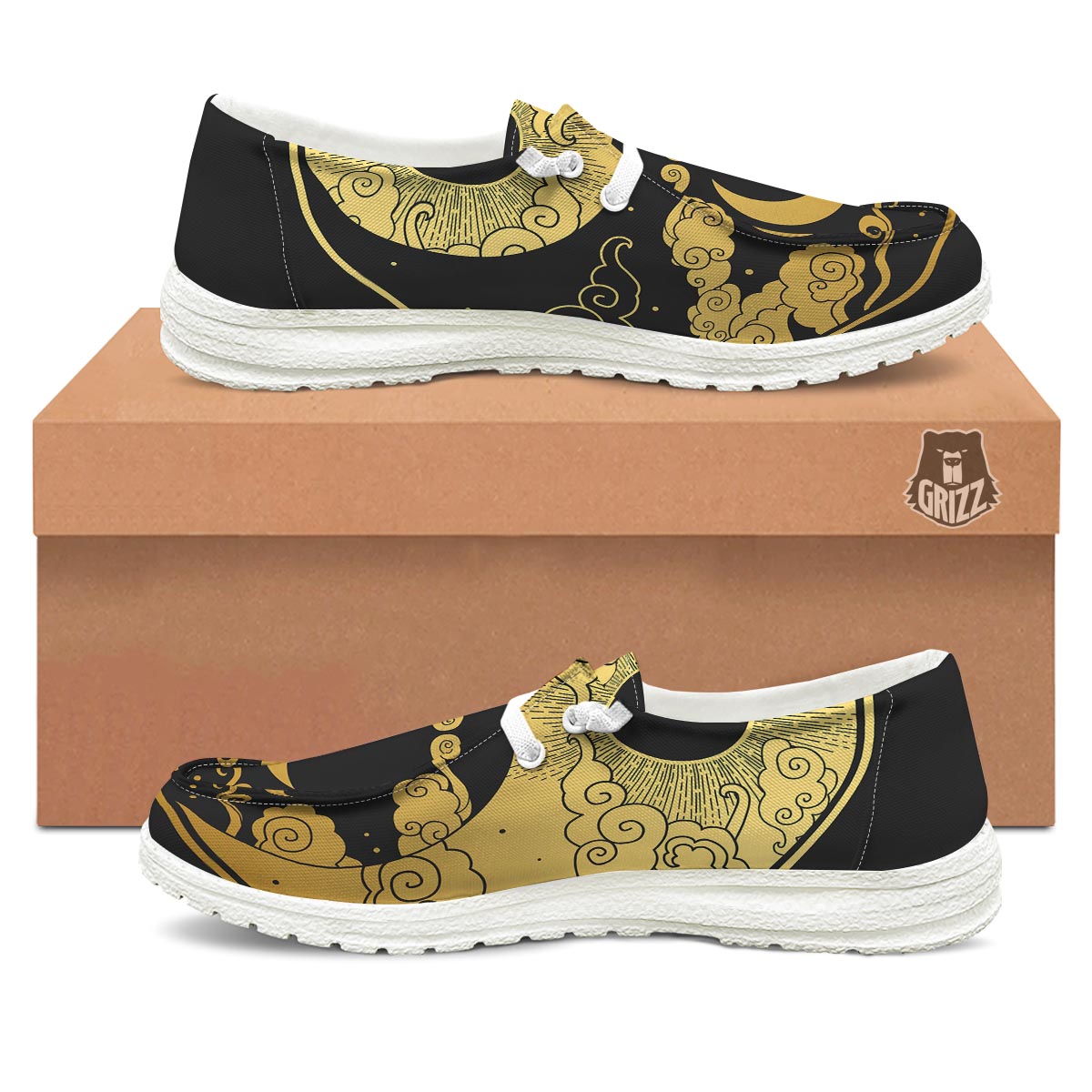 Yin Yang Moon And Sun Print White Loafers-grizzshop
