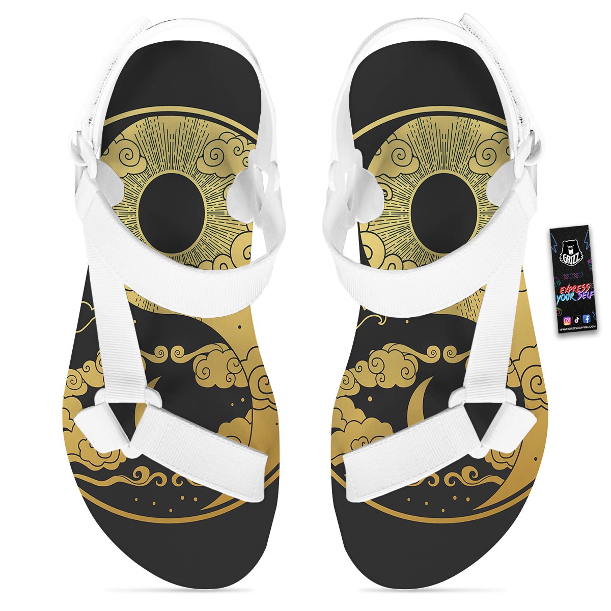 Yin Yang Moon And Sun Print White Open Toe Sandals-grizzshop