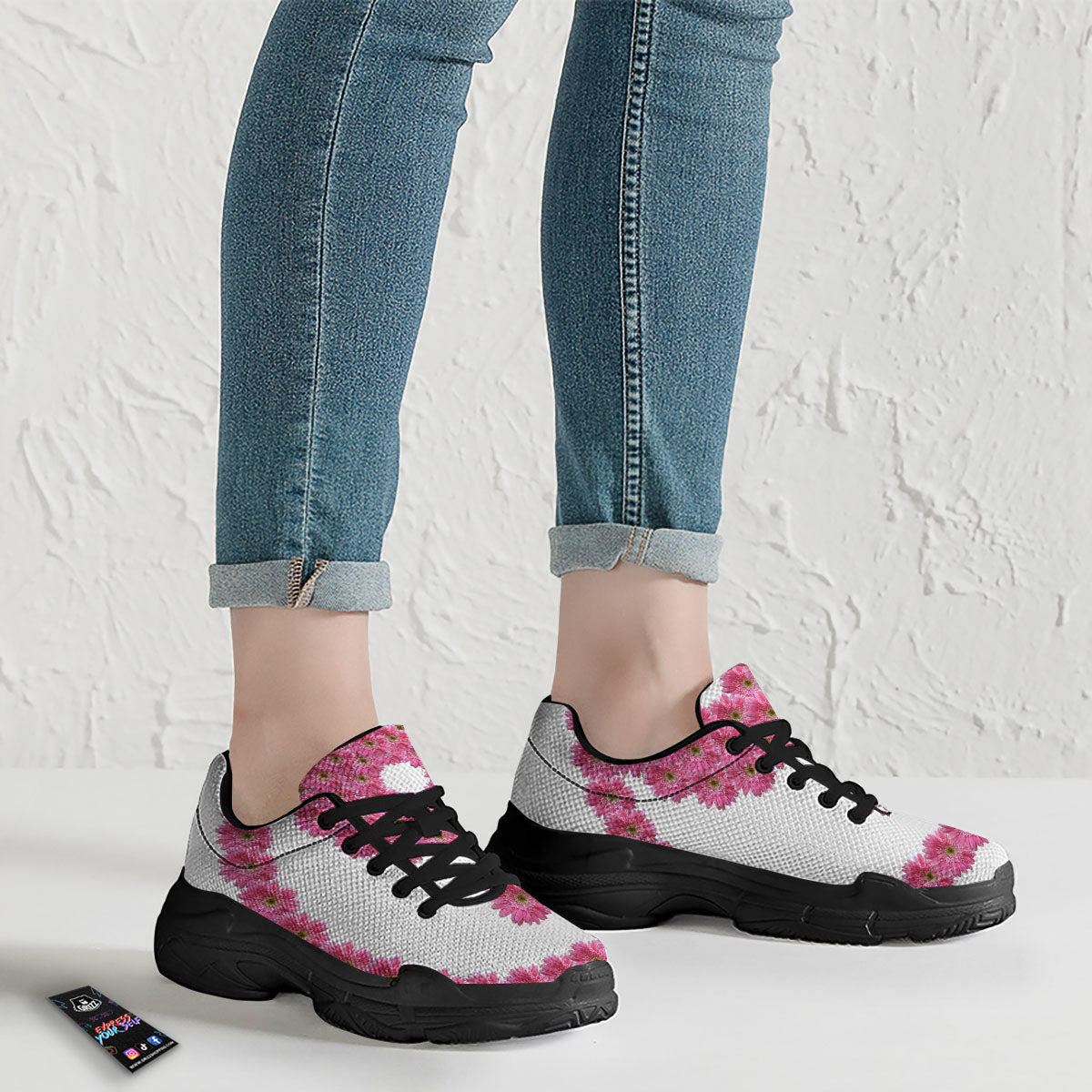 Yin Yang Pink Flowers Print Black Chunky Shoes-grizzshop