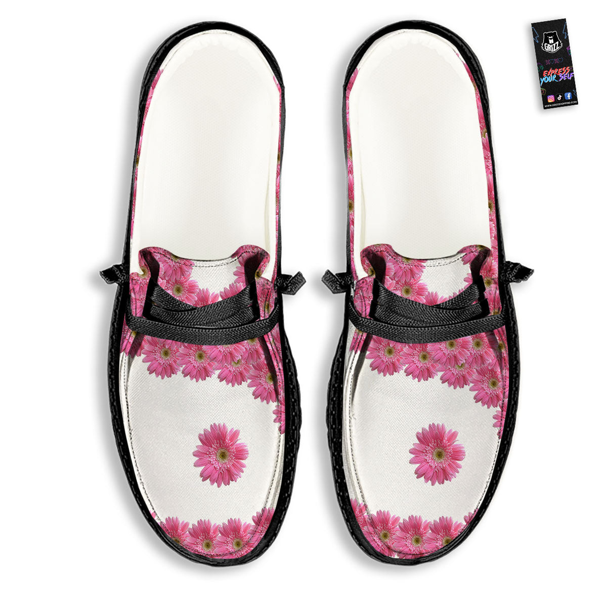 Yin Yang Pink Flowers Print Black Loafers-grizzshop