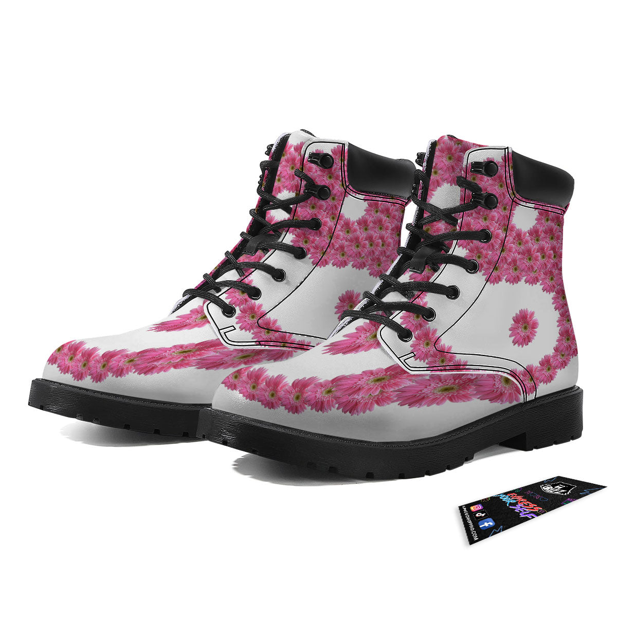 Yin Yang Pink Flowers Print Boots-grizzshop