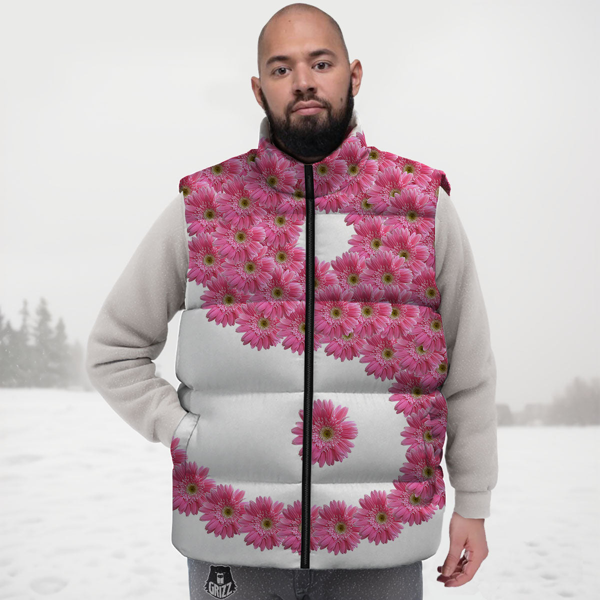 Yin Yang Pink Flowers Print Down Vest-grizzshop