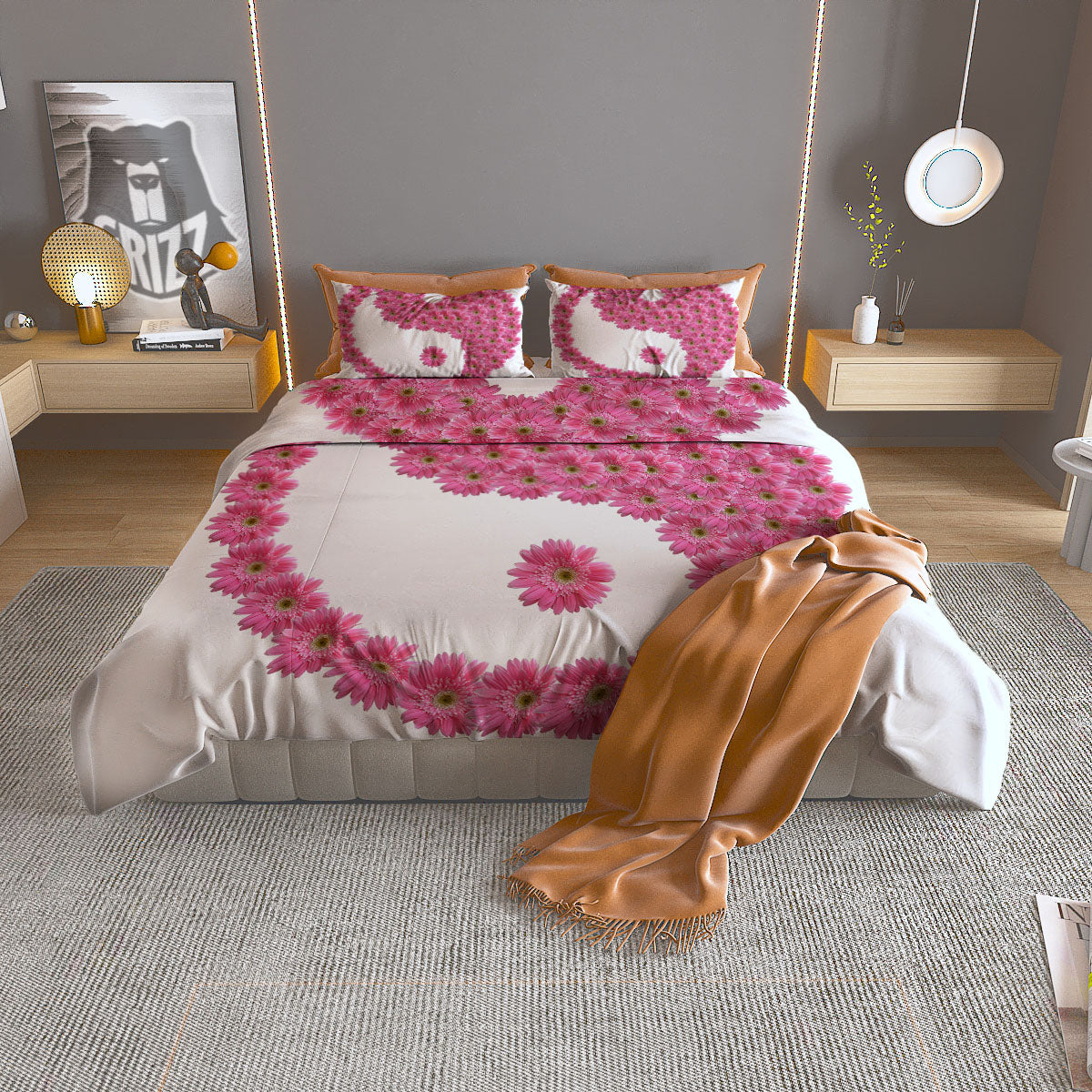 Yin Yang Pink Flowers Print Duvet Cover Bedding Set-grizzshop