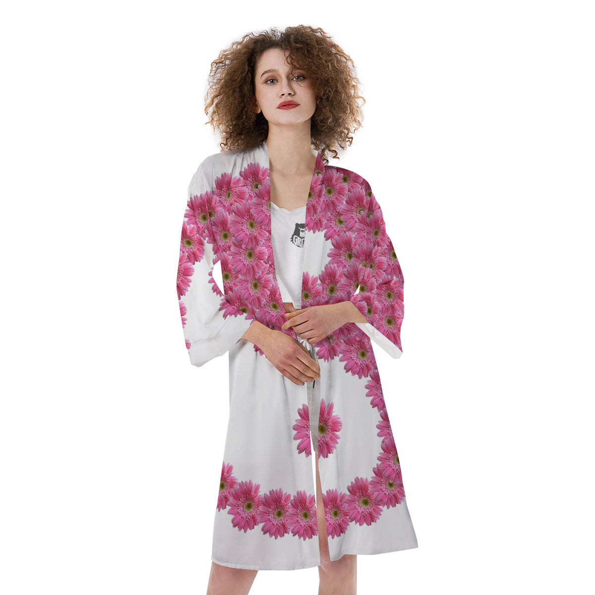 Yin Yang Pink Flowers Print Kimono-grizzshop