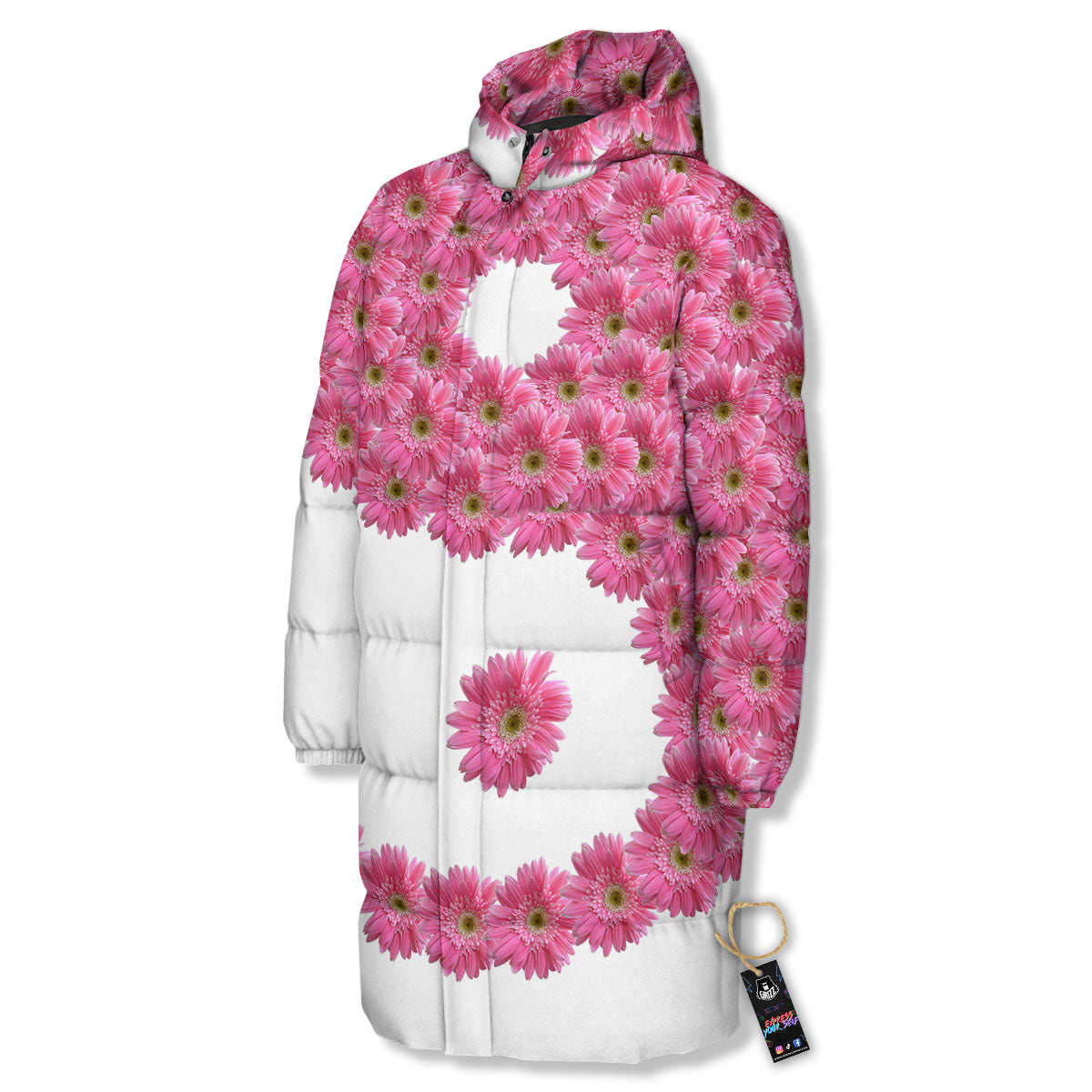 Yin Yang Pink Flowers Print Long Down Jacket-grizzshop