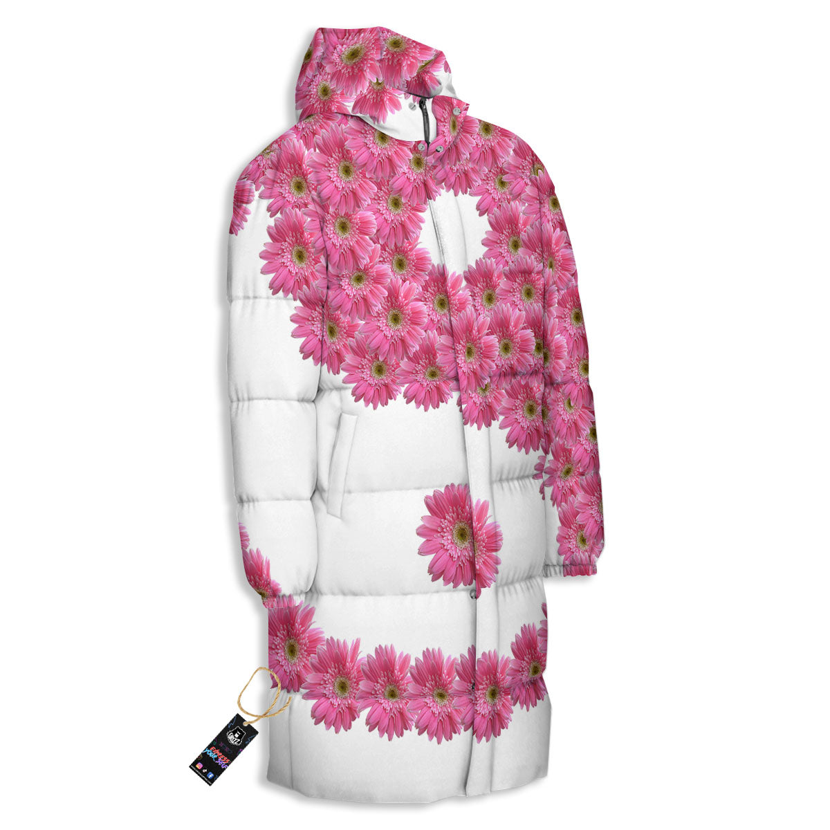 Yin Yang Pink Flowers Print Long Down Jacket-grizzshop