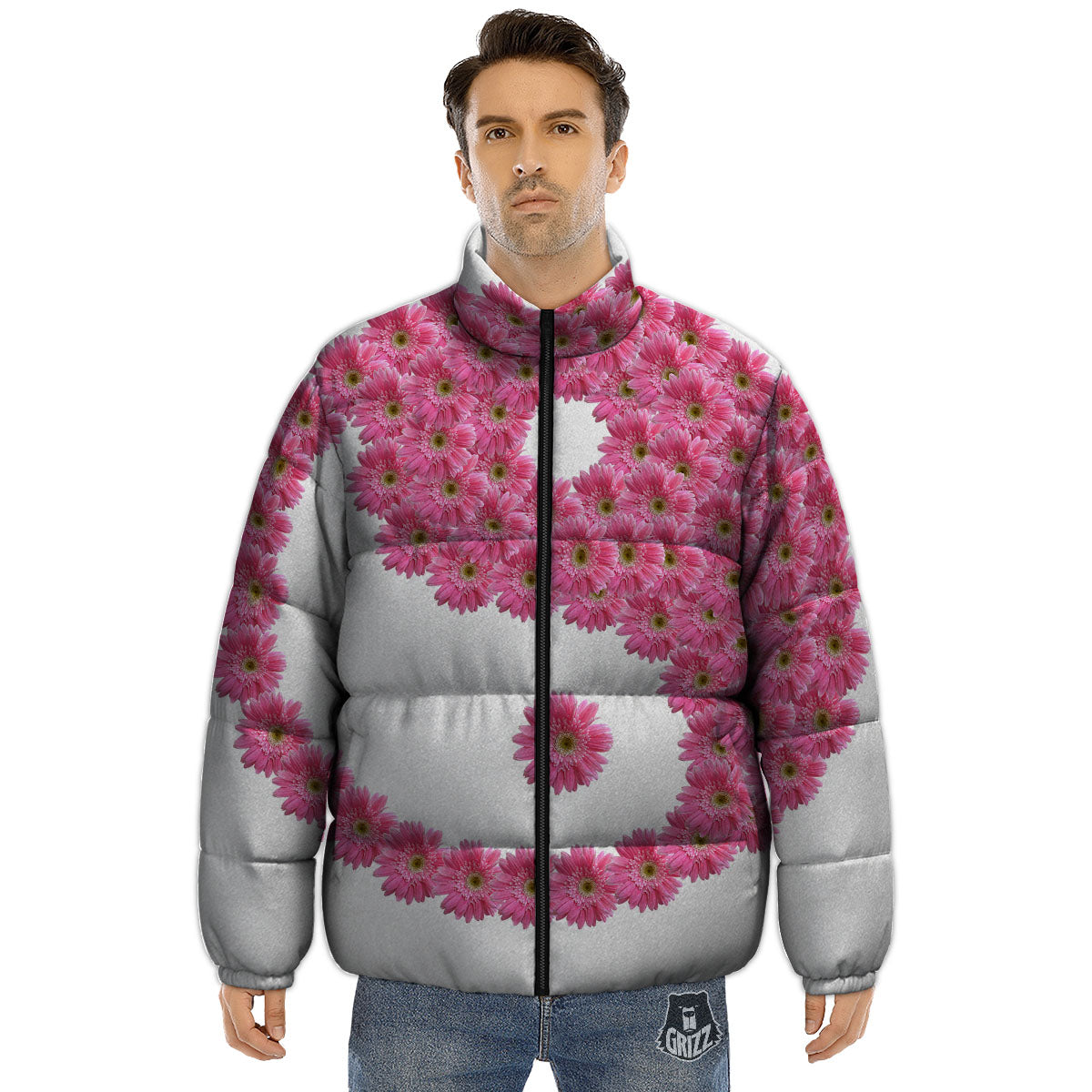 Yin Yang Pink Flowers Print Puffer Jacket-grizzshop