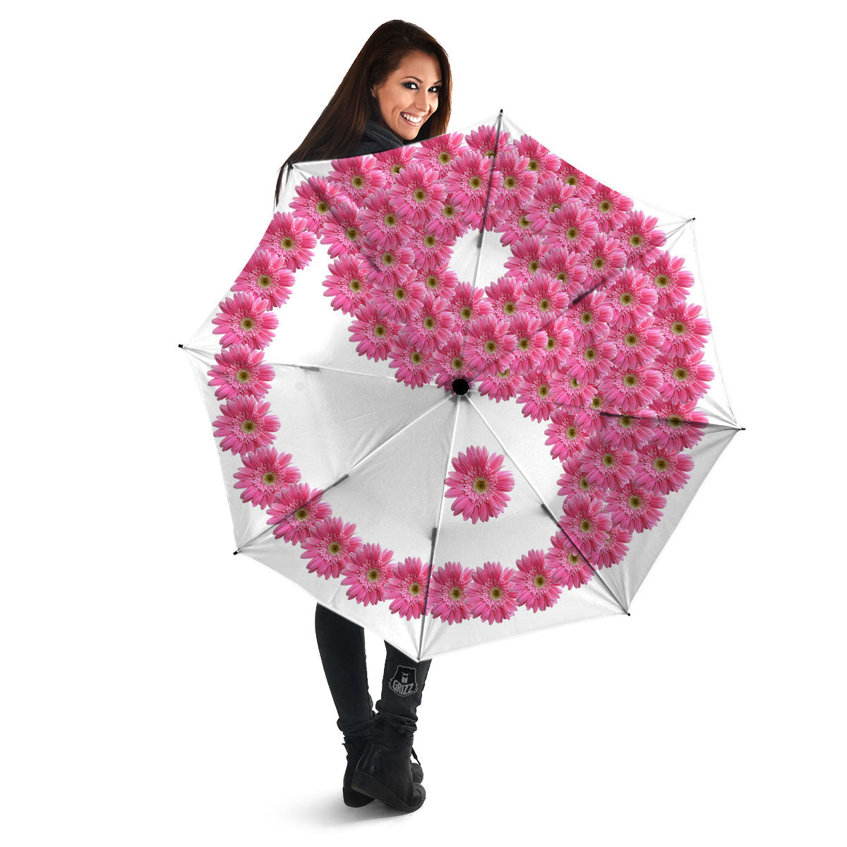 Yin Yang Pink Flowers Print Umbrella-grizzshop