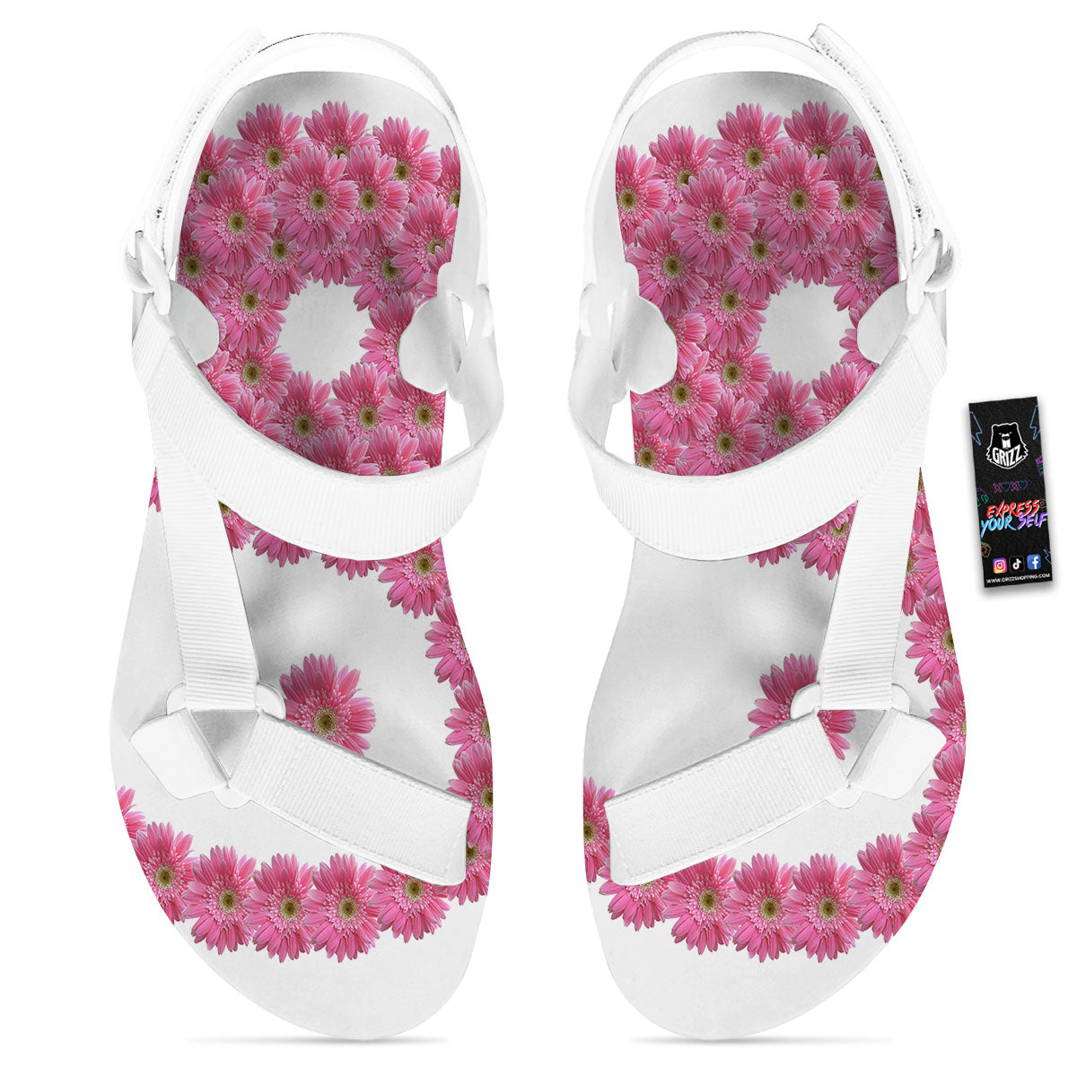 Yin Yang Pink Flowers Print White Open Toe Sandals-grizzshop