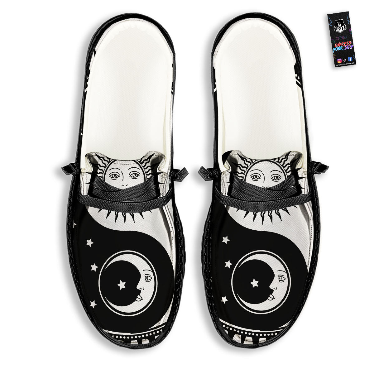 Yin Yang Sun White And Black Print Black Loafers-grizzshop