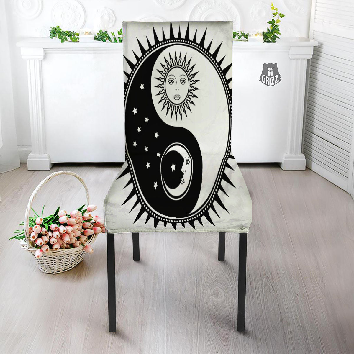 Yin Yang Sun White And Black Print Dining Chair Slipcover-grizzshop