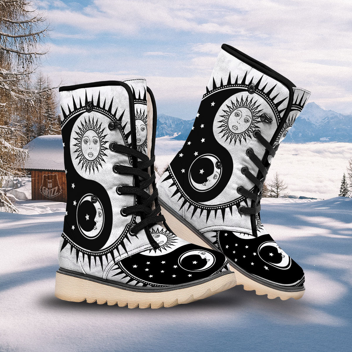 Yin Yang Sun White And Black Print Snow Boots-grizzshop