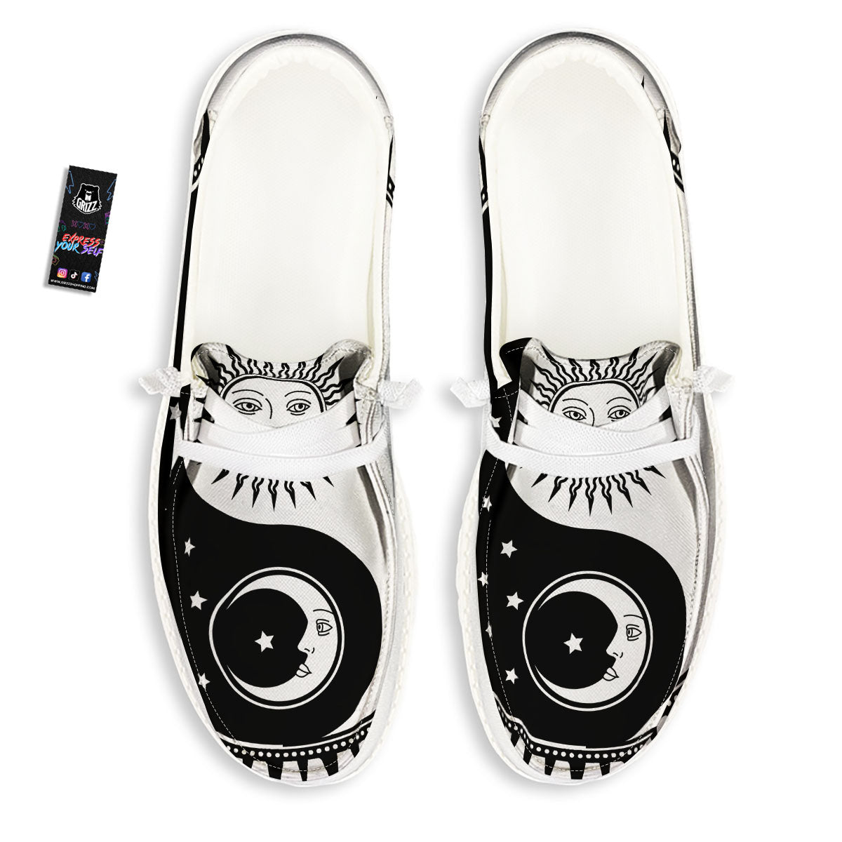 Yin Yang Sun White And Black Print White Loafers-grizzshop