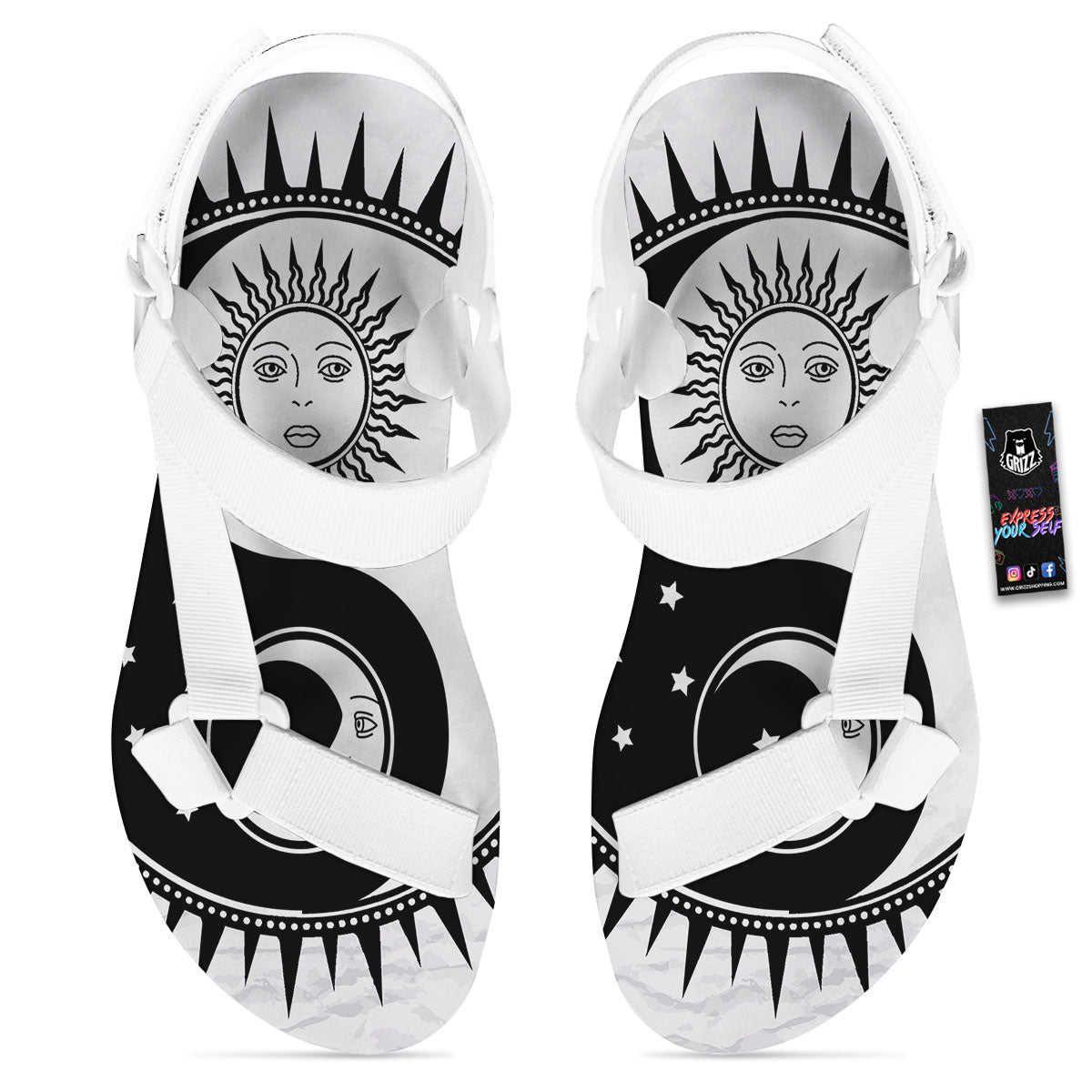 Yin Yang Sun White And Black Print White Open Toe Sandals-grizzshop