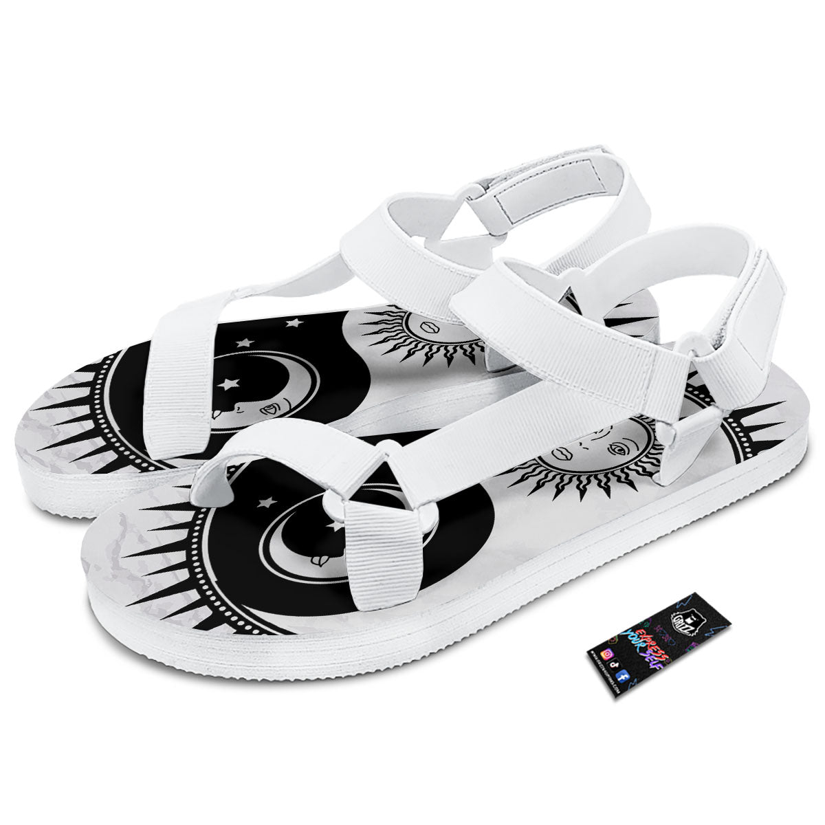 Yin Yang Sun White And Black Print White Open Toe Sandals-grizzshop