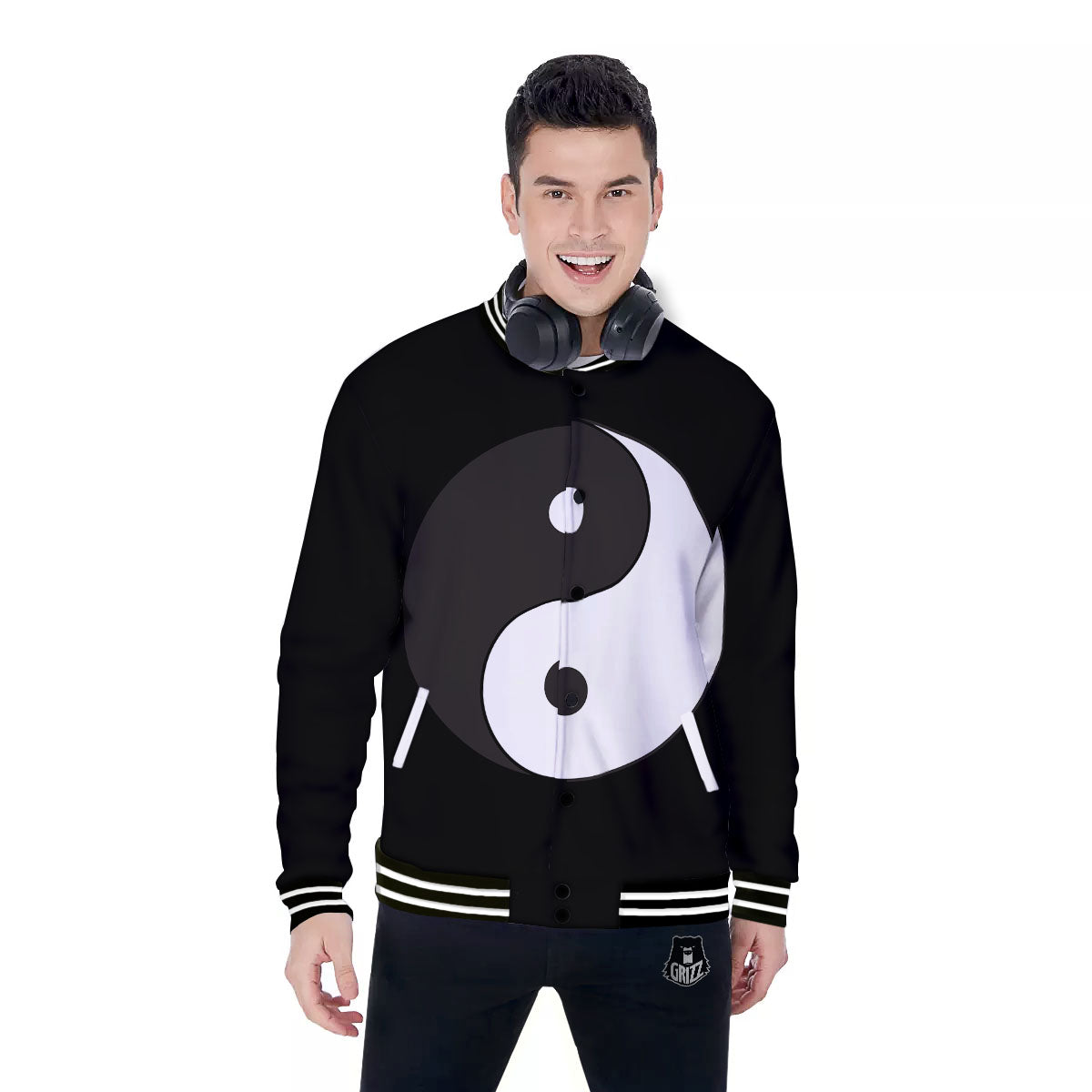 Yin Yang Symbol White And Black Print Baseball Jacket-grizzshop