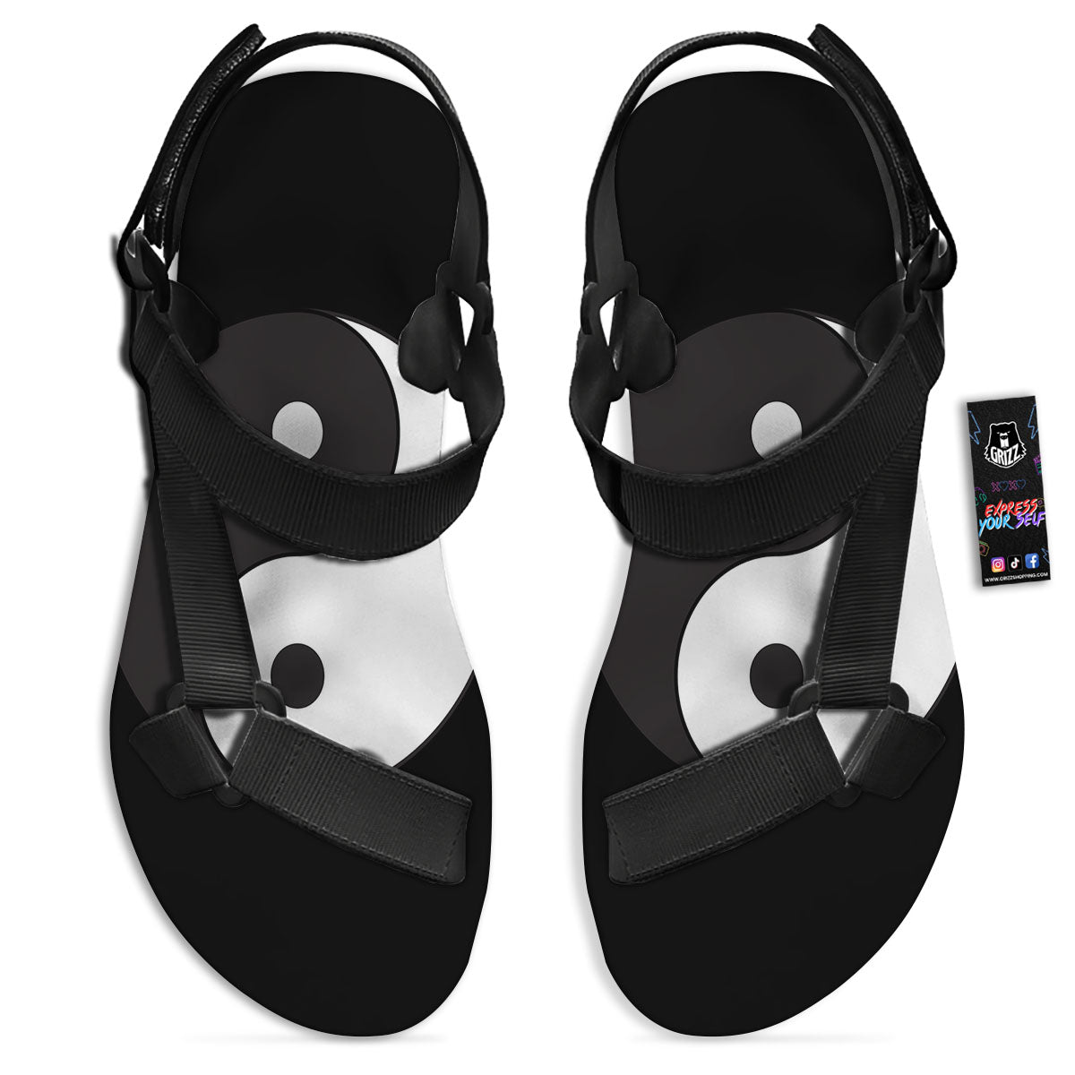 Yin Yang Symbol White And Black Print Black Open Toe Sandals-grizzshop