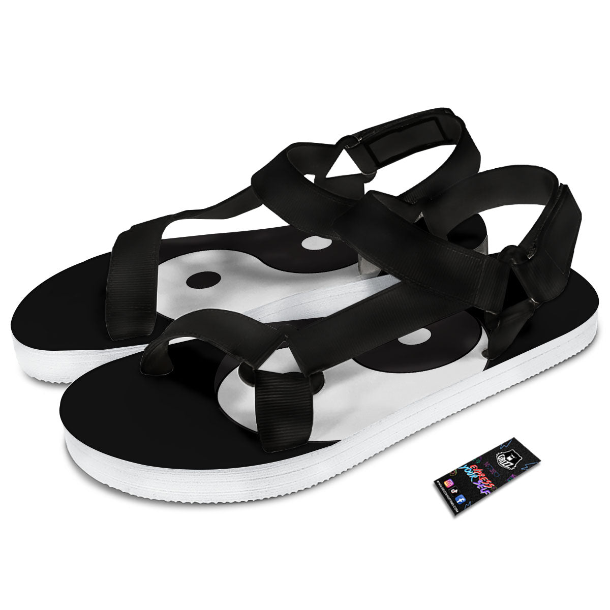 Yin Yang Symbol White And Black Print Black Open Toe Sandals-grizzshop