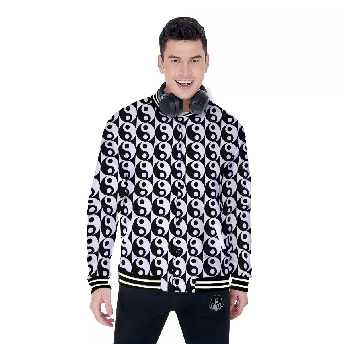 Yin Yang White And Black Print Pattern Baseball Jacket-grizzshop