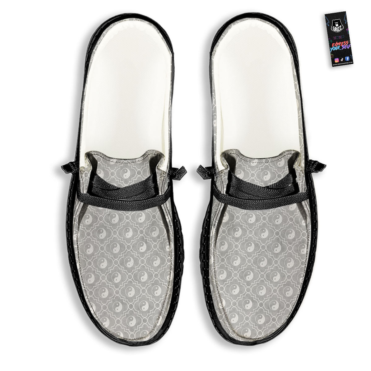 Yin Yang White And Grey Print Pattern Black Loafers-grizzshop