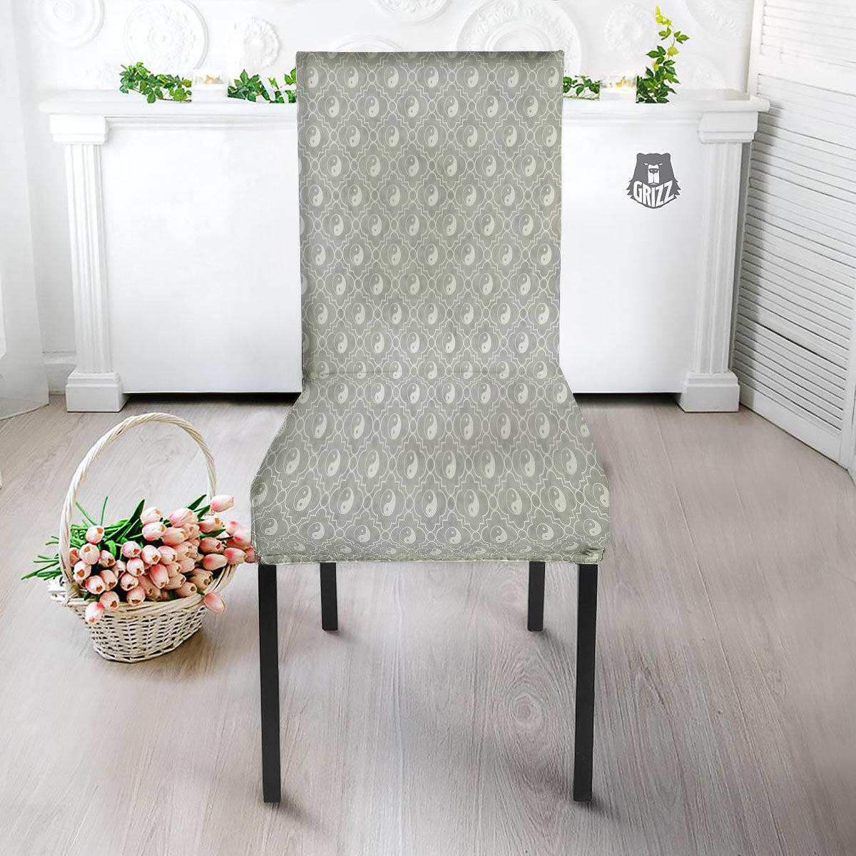 Yin Yang White And Grey Print Pattern Dining Chair Slipcover-grizzshop