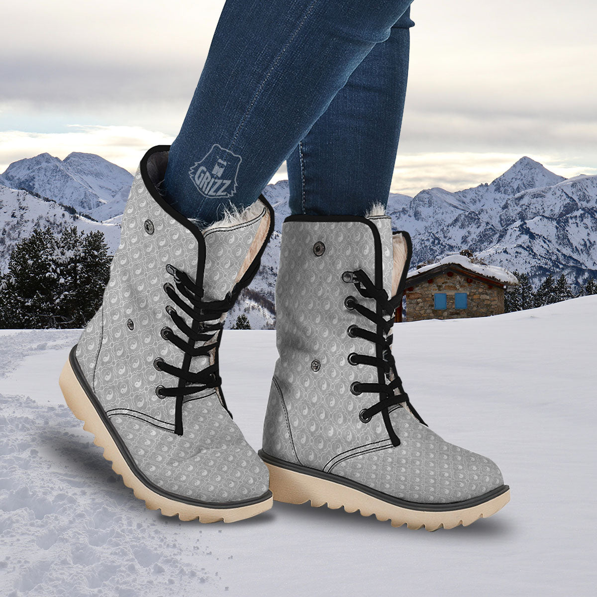 Yin Yang White And Grey Print Pattern Snow Boots-grizzshop