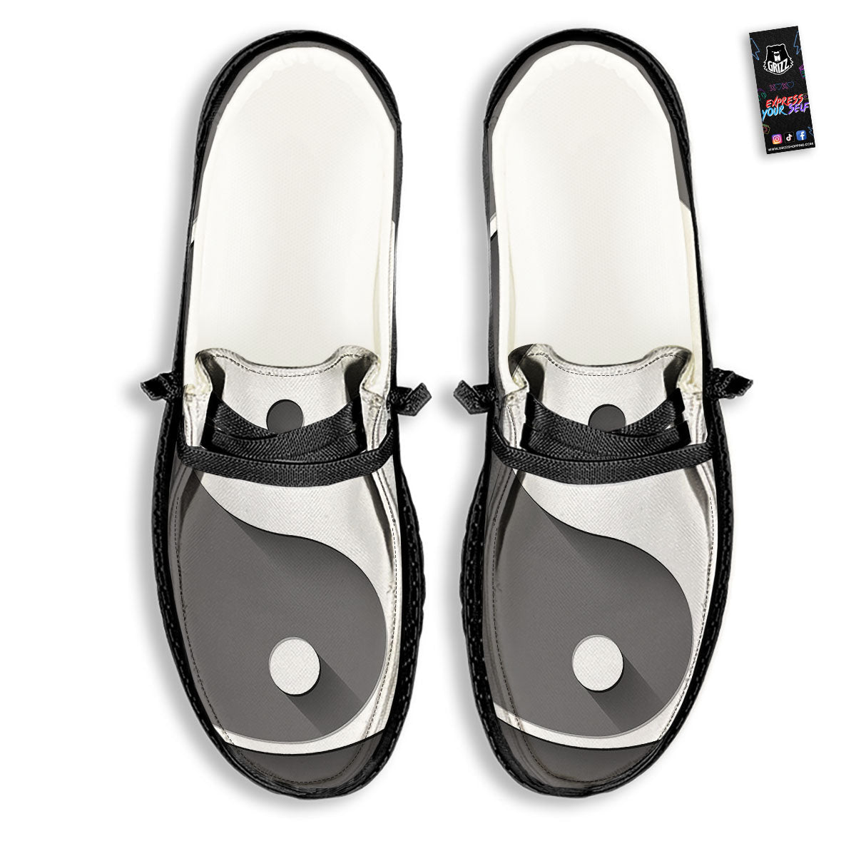 Yin Yang White And Sliver Print Black Loafers-grizzshop