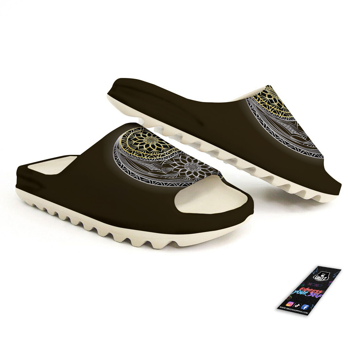 Yin Yang Flower Grey And Gold Print Sandals-grizzshop
