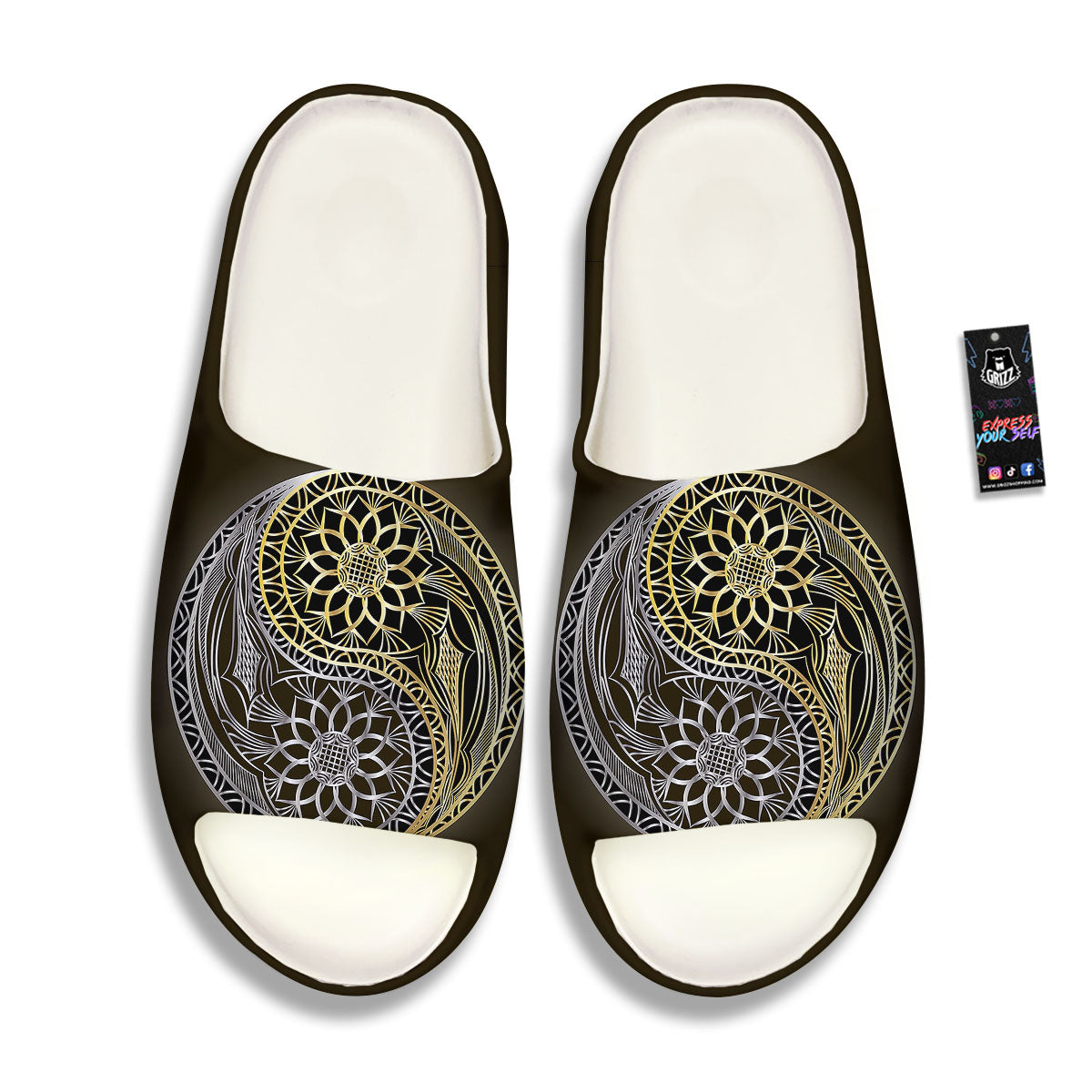 Yin Yang Flower Grey And Gold Print Sandals-grizzshop