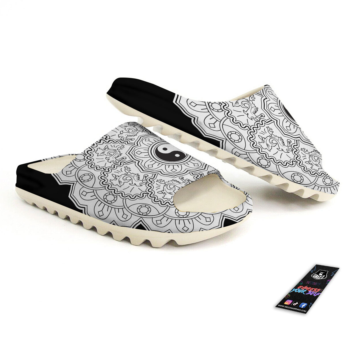 Yin Yang Mandala White And Black Print Sandals-grizzshop