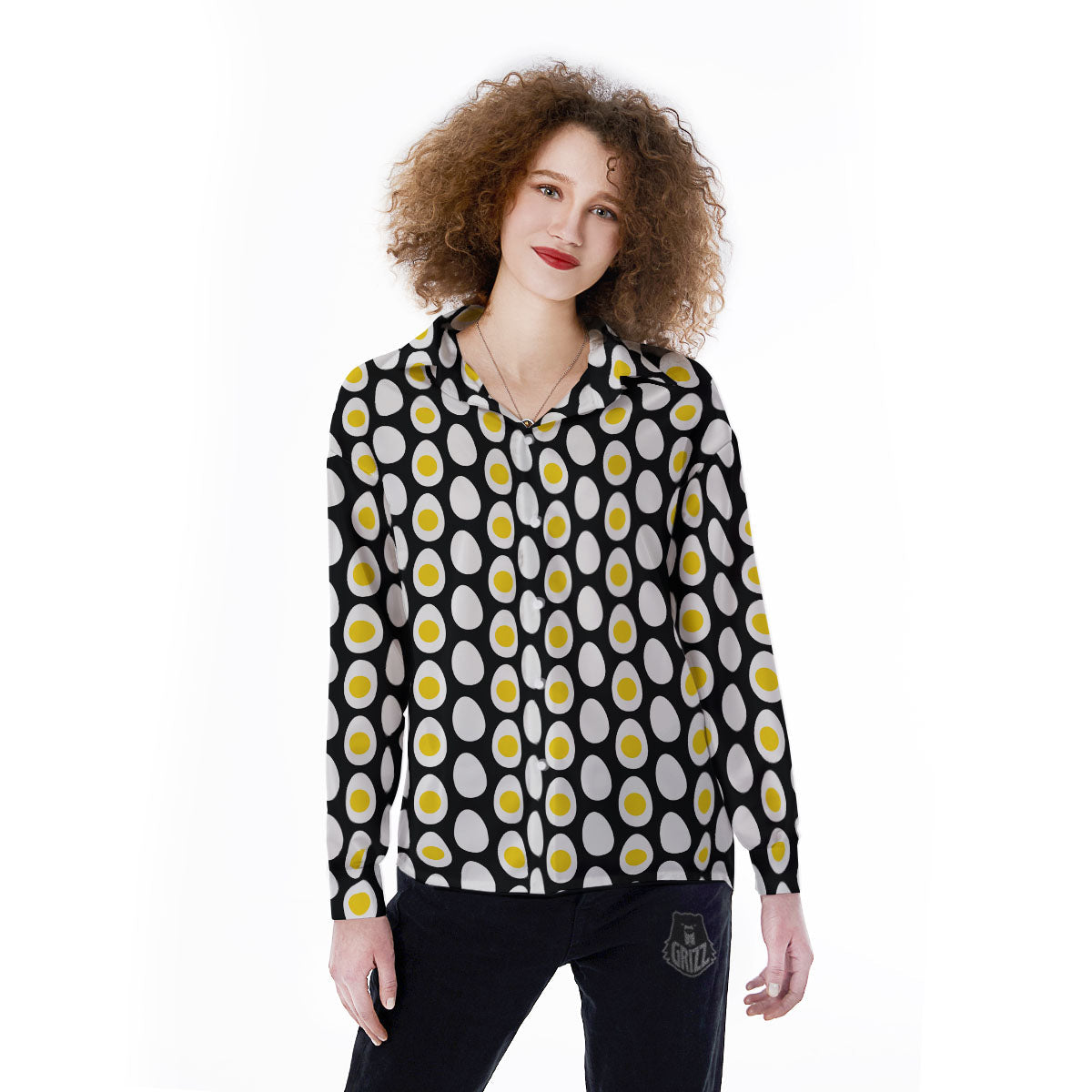 Yolk Egg Print Pattern Women's Long Sleeve Shirts-grizzshop