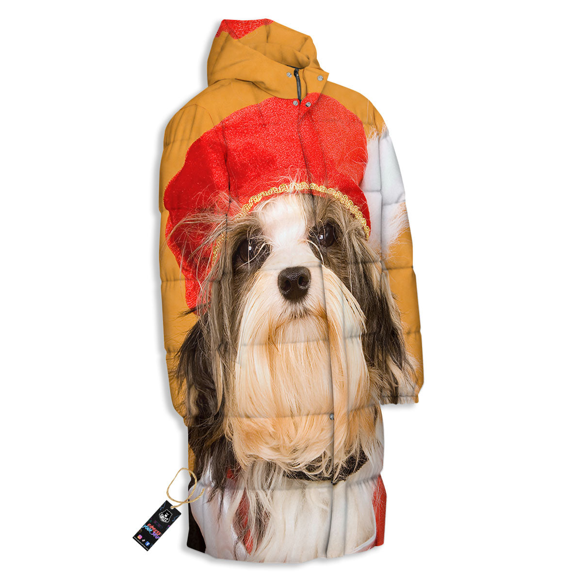 Yorkshire Terrier Red Cap Print Long Down Jacket-grizzshop