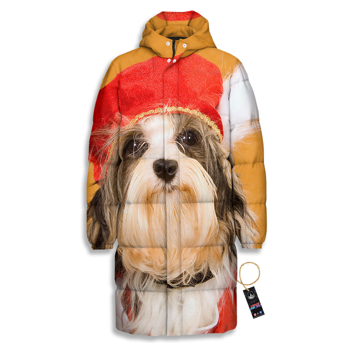 Yorkshire Terrier Red Cap Print Long Down Jacket-grizzshop