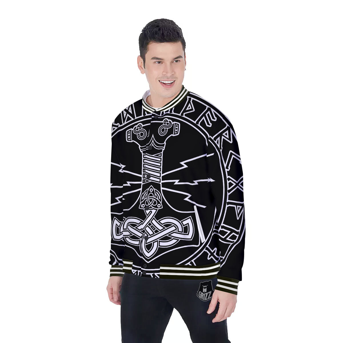 Younger Futhark And Mjolnir Print Baseball Jacket-grizzshop