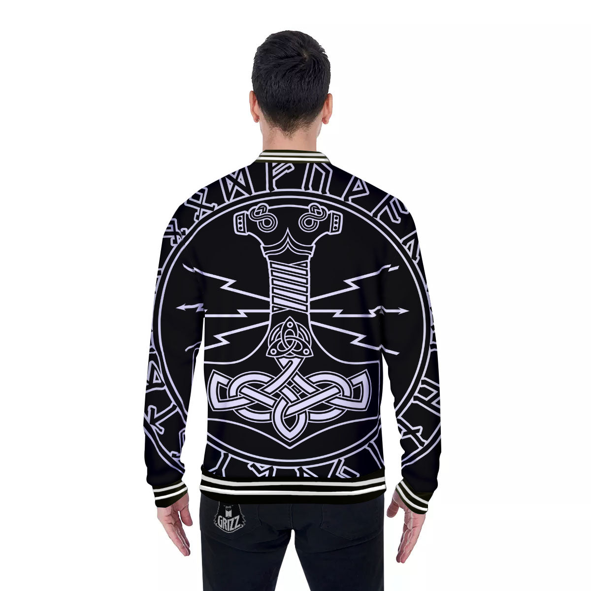Younger Futhark And Mjolnir Print Baseball Jacket-grizzshop