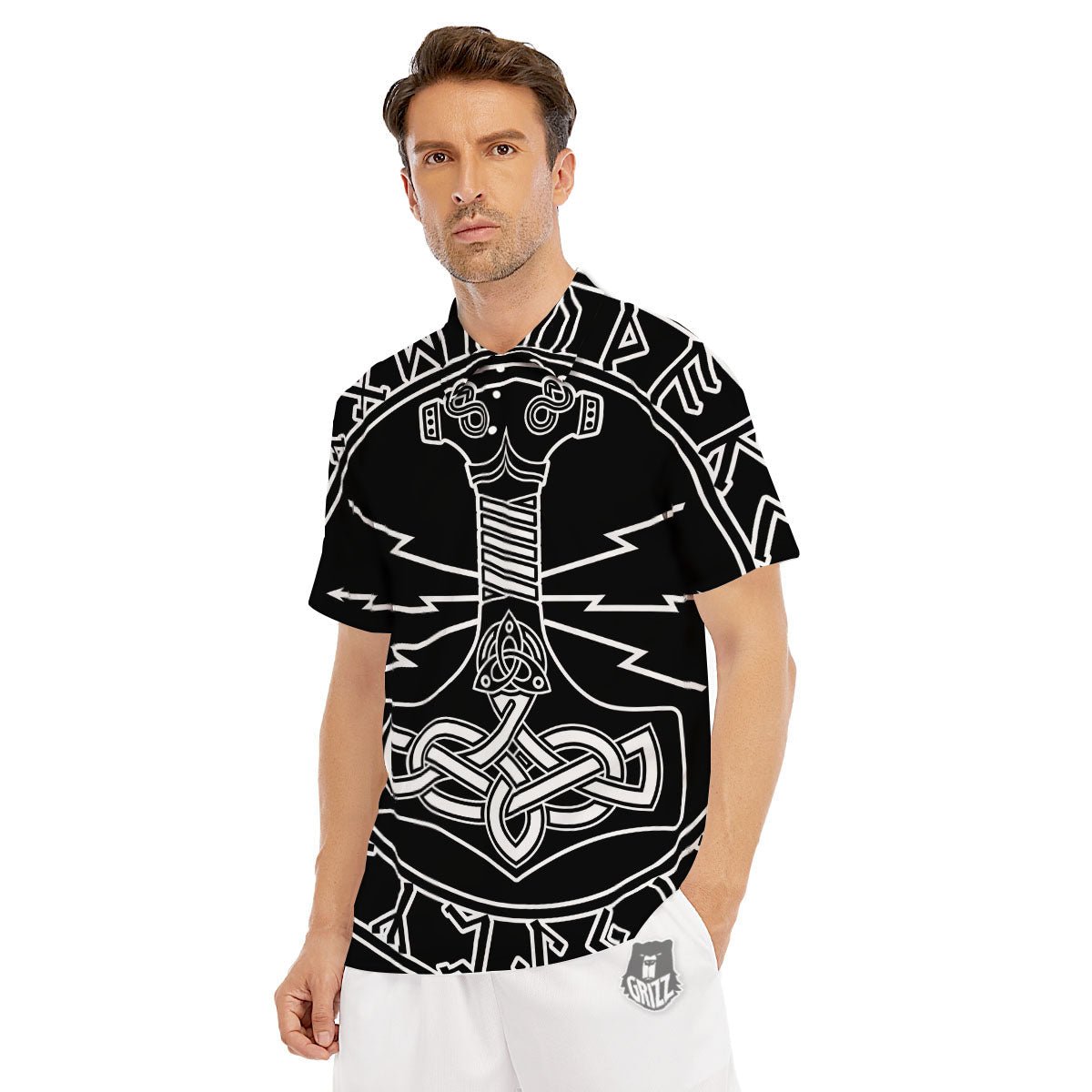Younger Futhark And Mjolnir Print Men's Golf Shirts-grizzshop