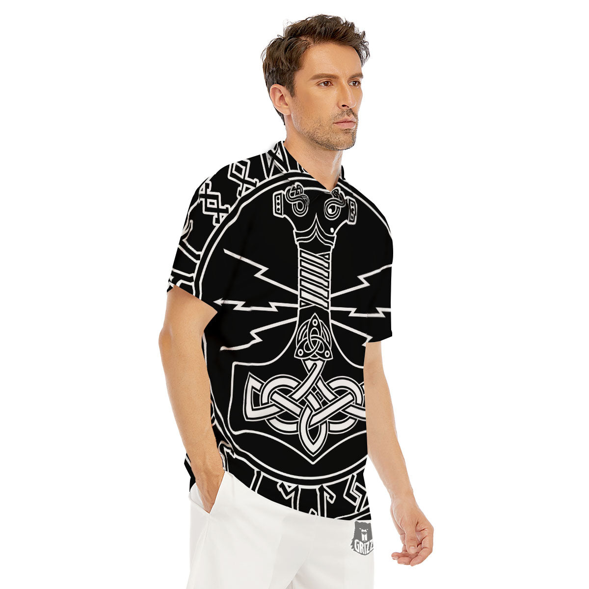 Younger Futhark And Mjolnir Print Men's Golf Shirts-grizzshop