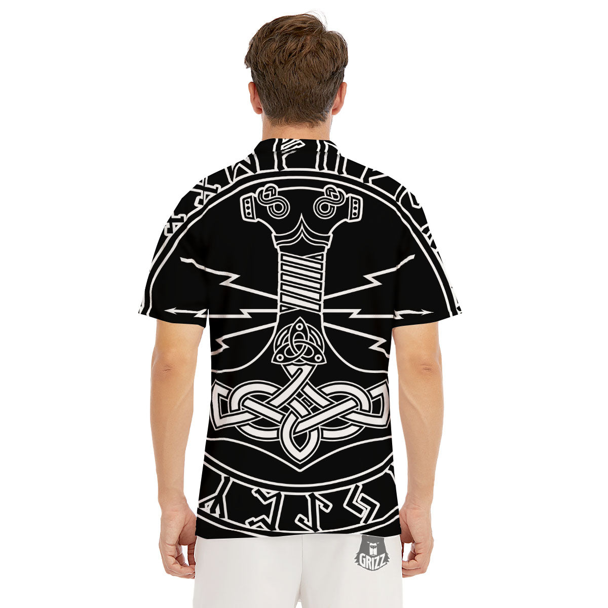 Younger Futhark And Mjolnir Print Men's Golf Shirts-grizzshop