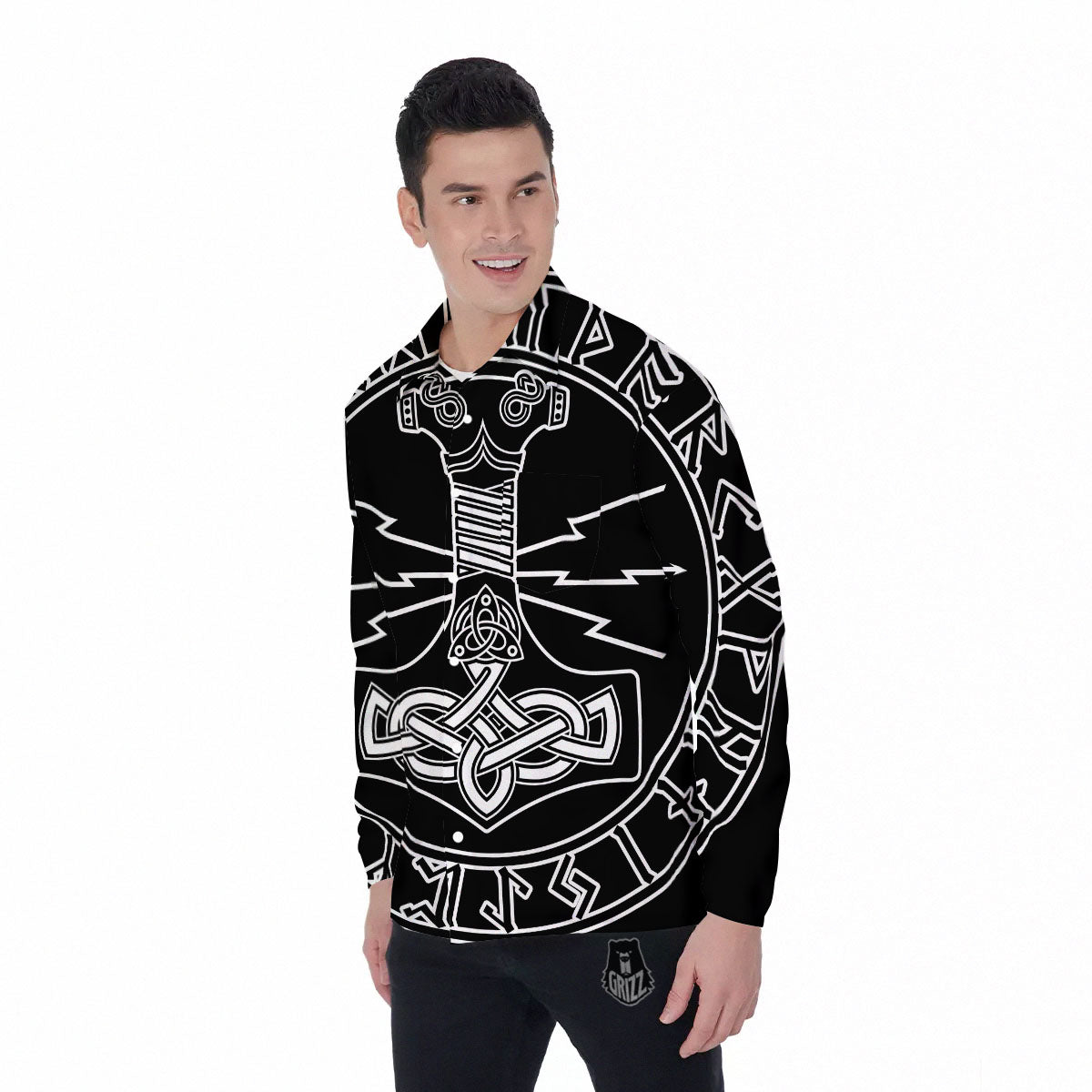 Younger Futhark And Mjolnir Print Men's Long Sleeve Shirts-grizzshop