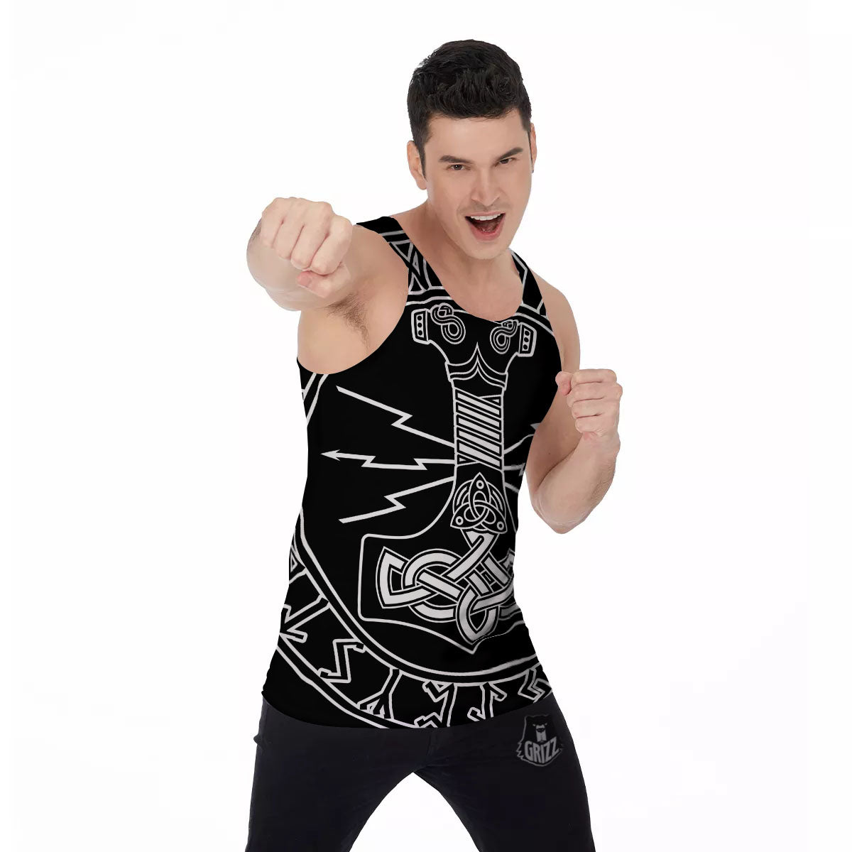 Younger Futhark And Mjolnir Print Men's Tank Top-grizzshop