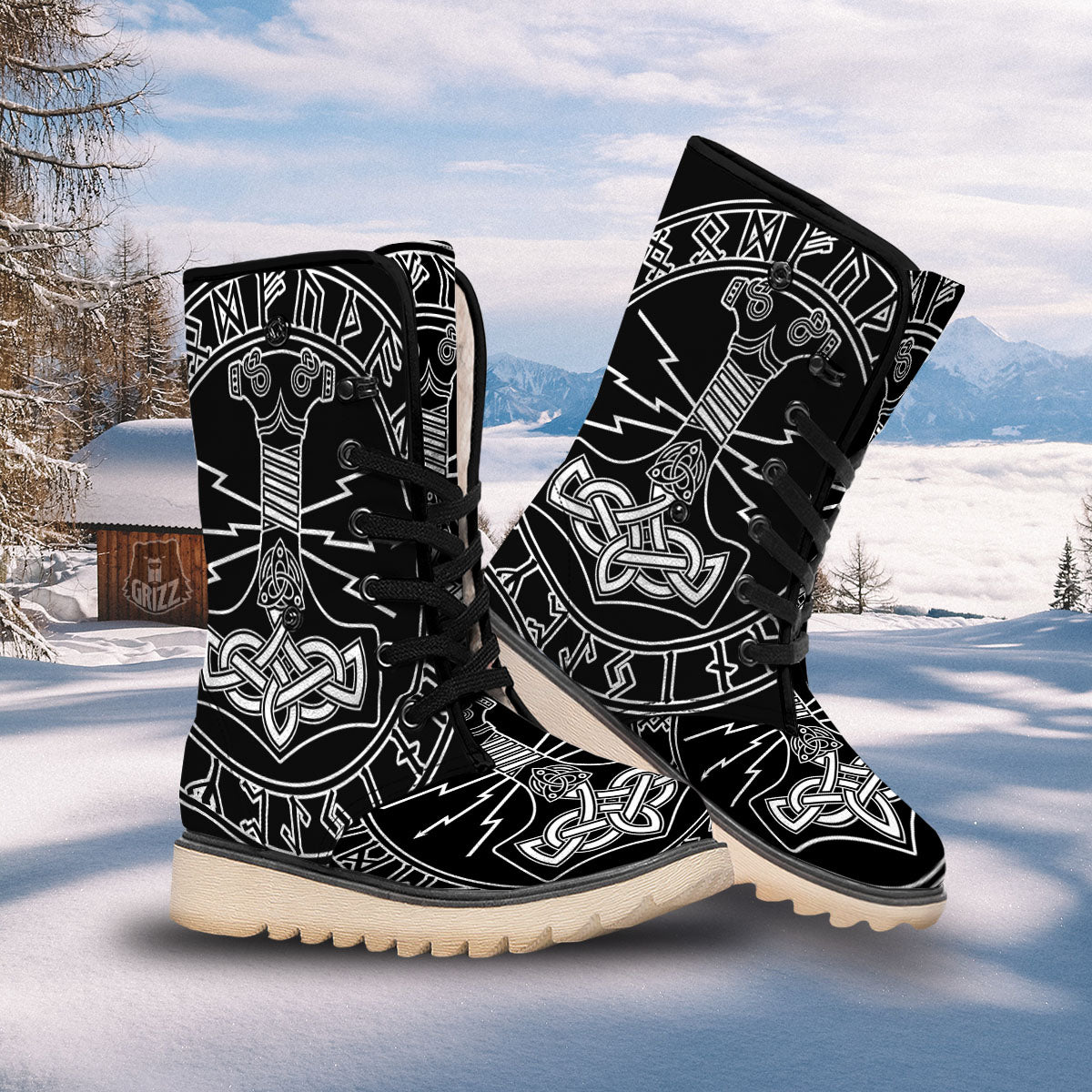 Younger Futhark And Mjolnir Print Snow Boots-grizzshop