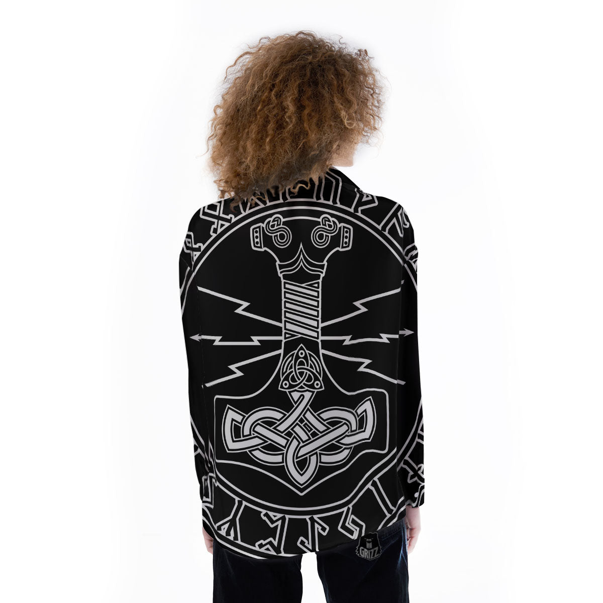 Younger Futhark And Mjolnir Print Women's Long Sleeve Shirts-grizzshop