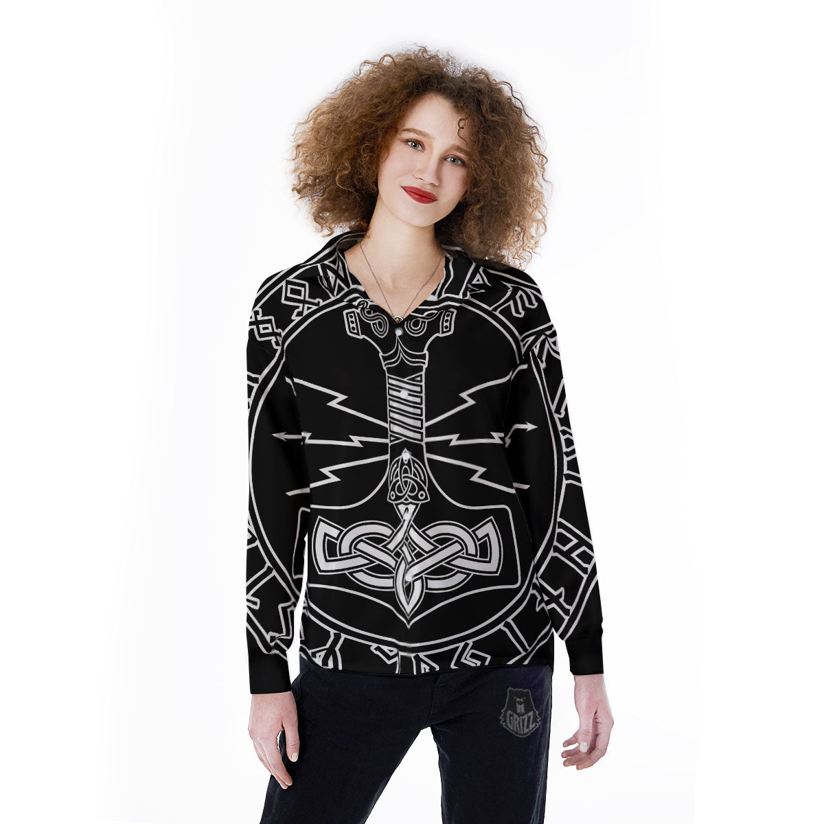 Younger Futhark And Mjolnir Print Women's Long Sleeve Shirts-grizzshop