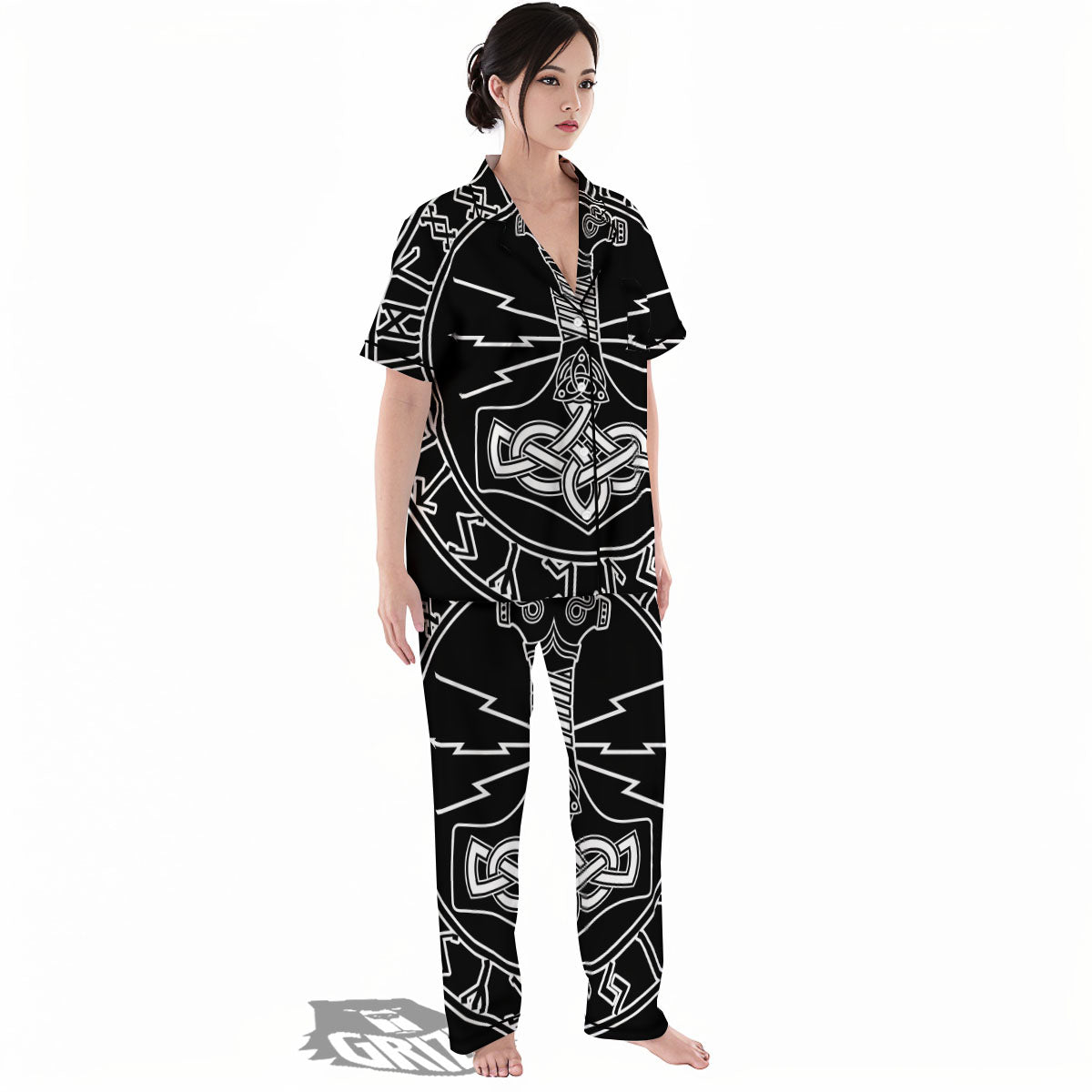 Younger Futhark And Mjolnir Print Women's Pajamas Set-grizzshop