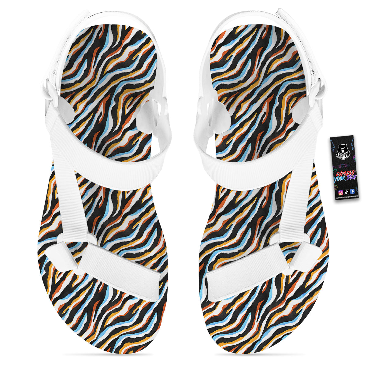 Zebra Abstract Print Pattern White Open Toe Sandals-grizzshop