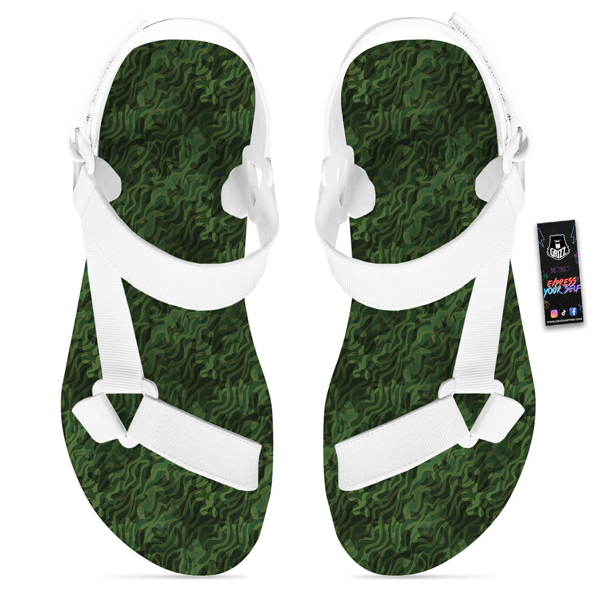 Zebra Camo Green Print Pattern White Open Toe Sandals-grizzshop