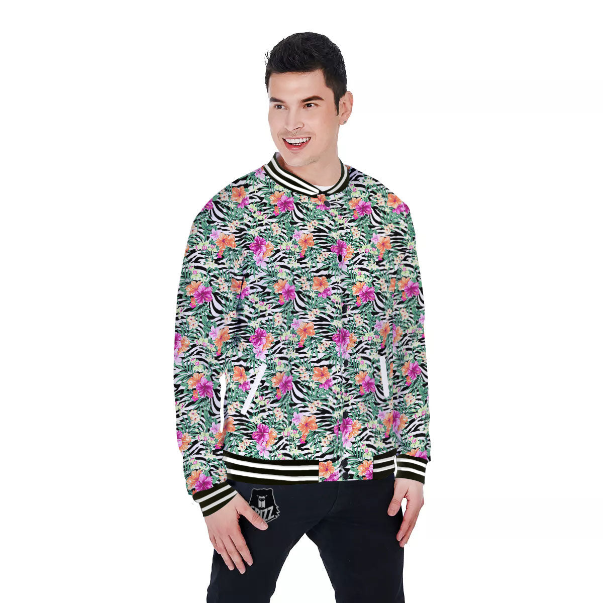 Zebra Floral Black White Print Pattern Baseball Jacket-grizzshop