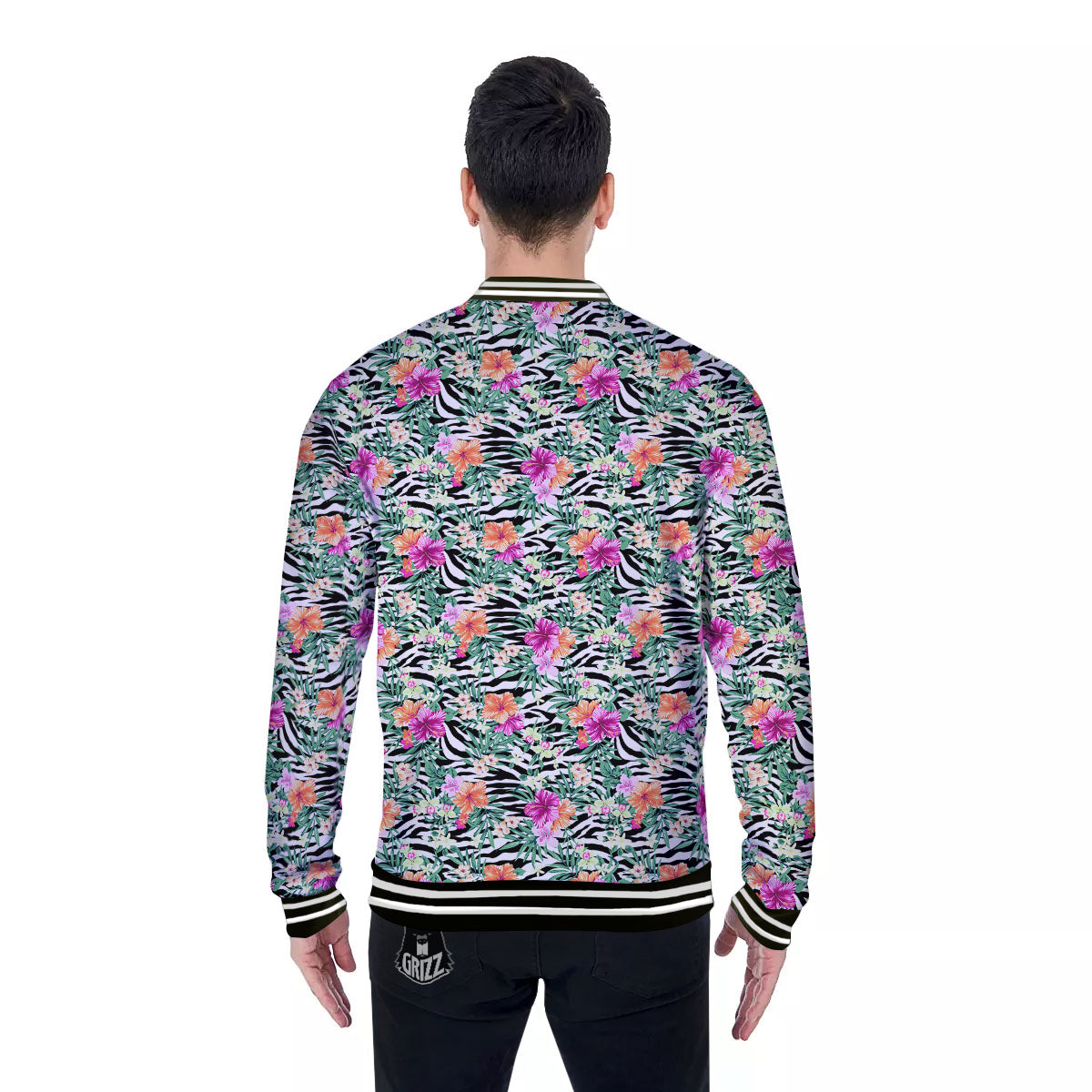 Zebra Floral Black White Print Pattern Baseball Jacket-grizzshop